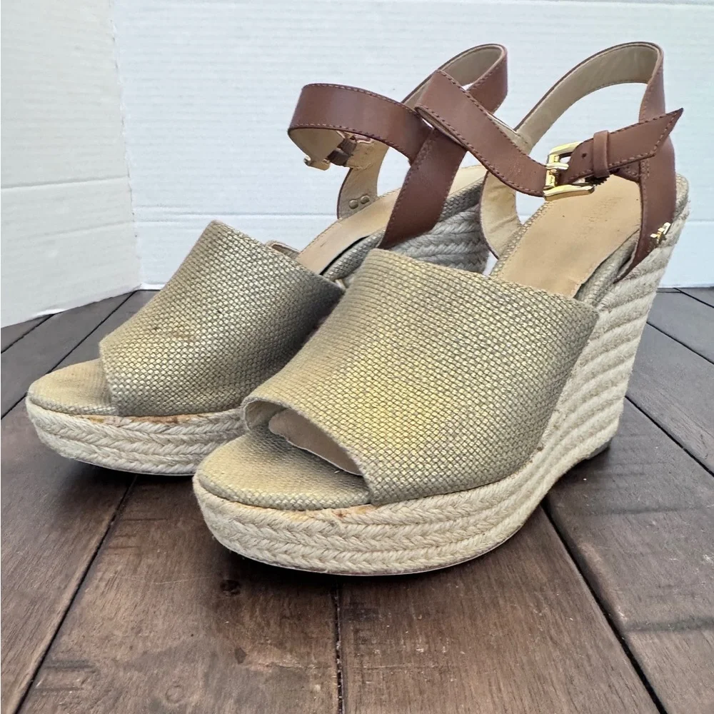 MICHAEL Michael Kors Penelope Jute Wedge Platform Sandals Gold-Tone Canvas 8.5